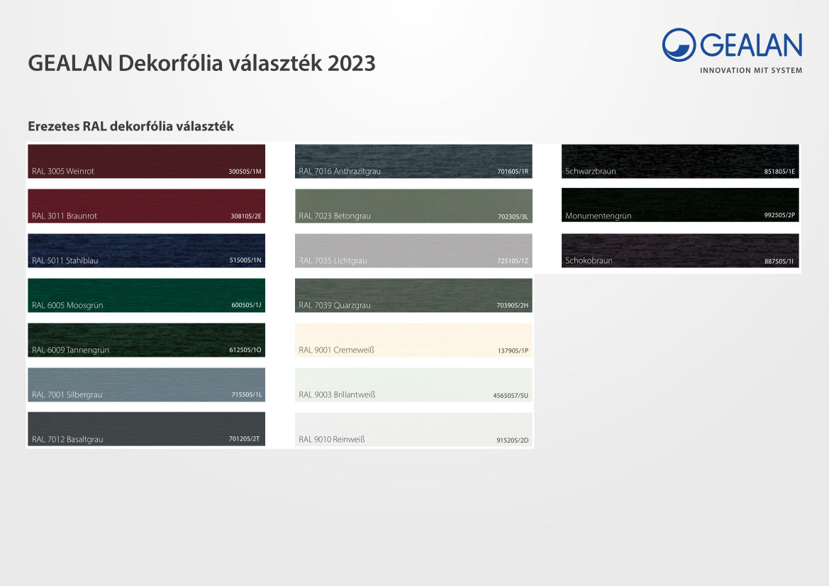 GEALAN dekorfólia választék, erezetes RAL 2023